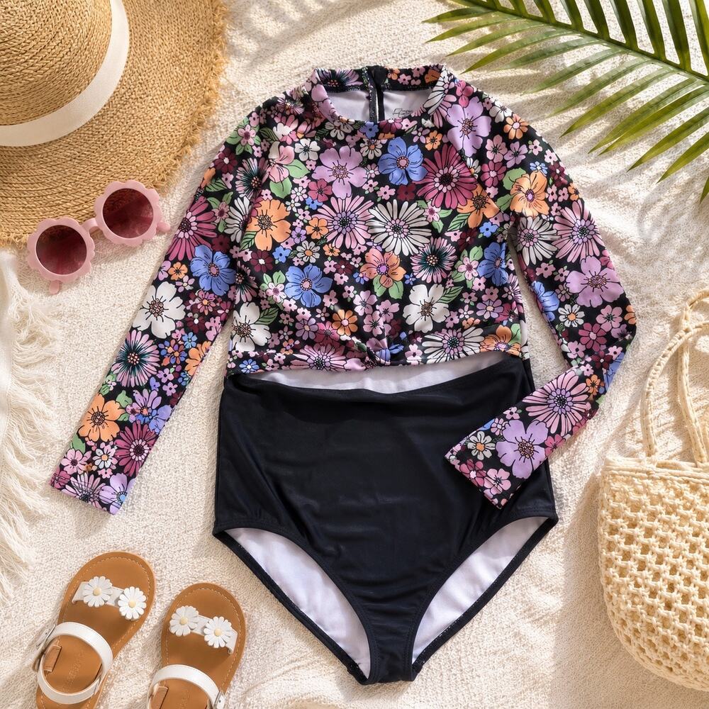 Paisley Lane Girls Floral Long Sleeve One Piece Swimsuit Size 8